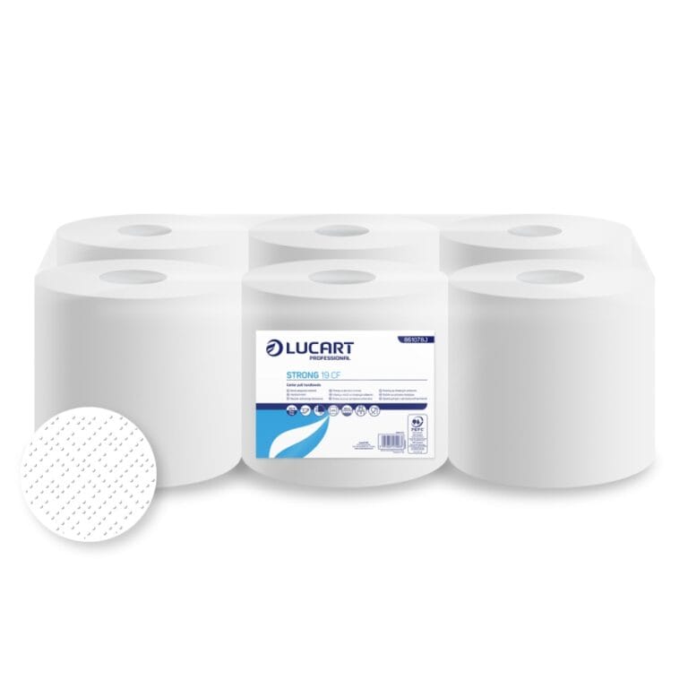 Role Prosoape de Hârtie cu Derulare Centrală Lucart Strong 19 CF, 2 straturi, 100m, 6 role/bax